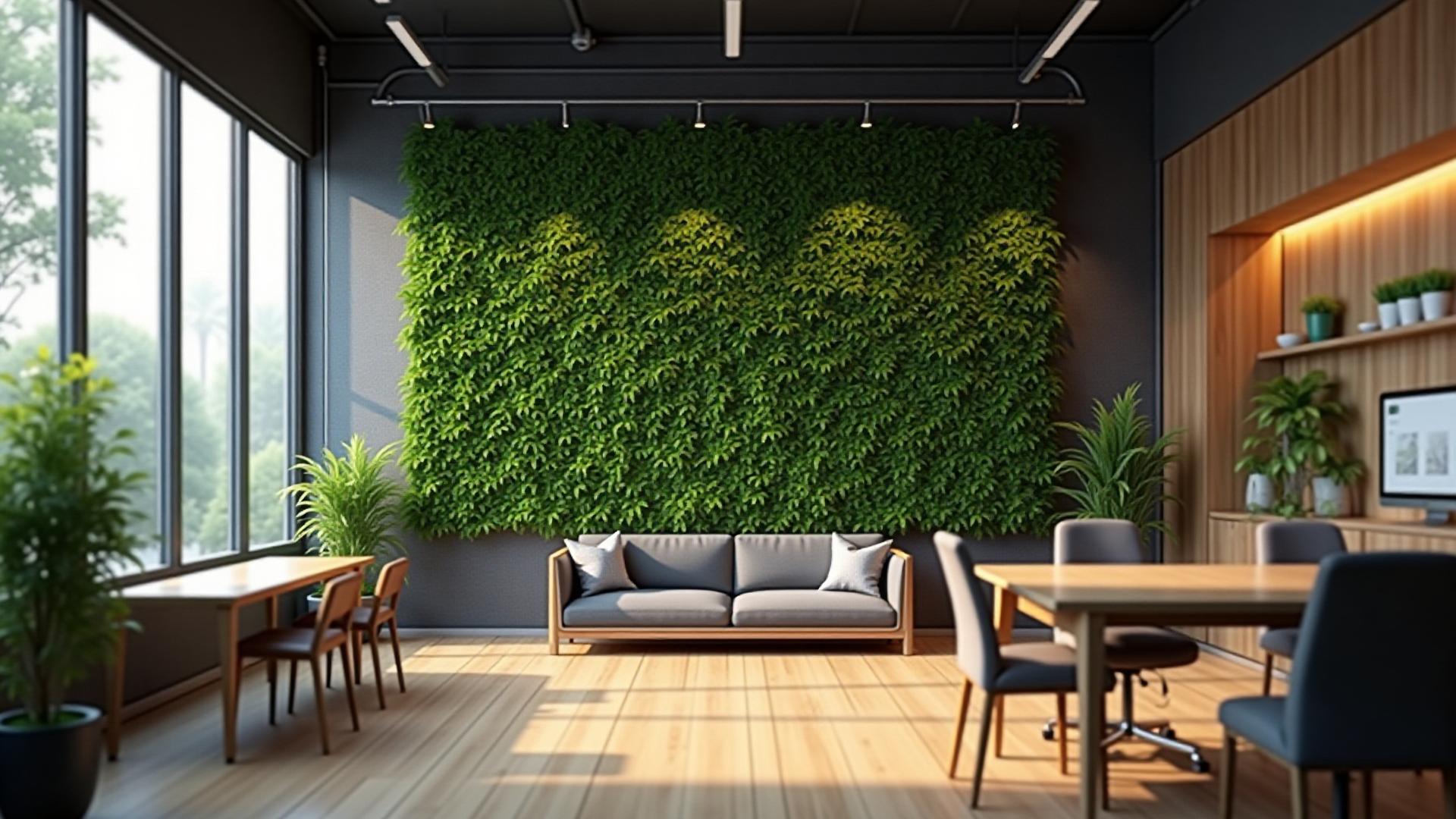 Stunning modern office interior with large living green wall and abundant natural light