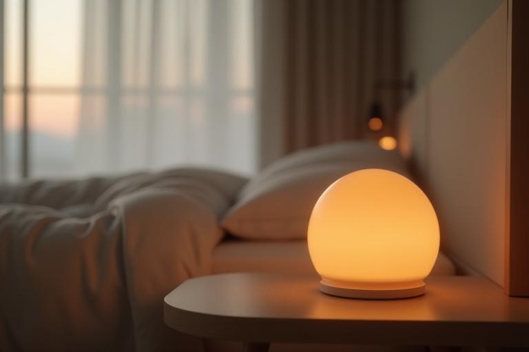 Elegant BIOS Living Circadian Lamp on a bedside table in a serene bedroom setting.