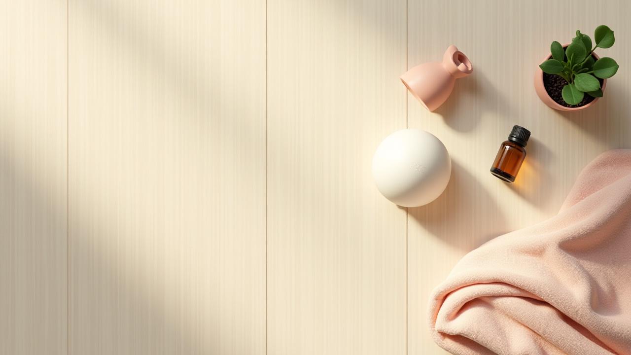 Aesthetic flat-lay of several curated wellness products including a smart lamp, an air purifier, a sustainable water bottle, and a soft blanket, all arranged on a natural wood surface.