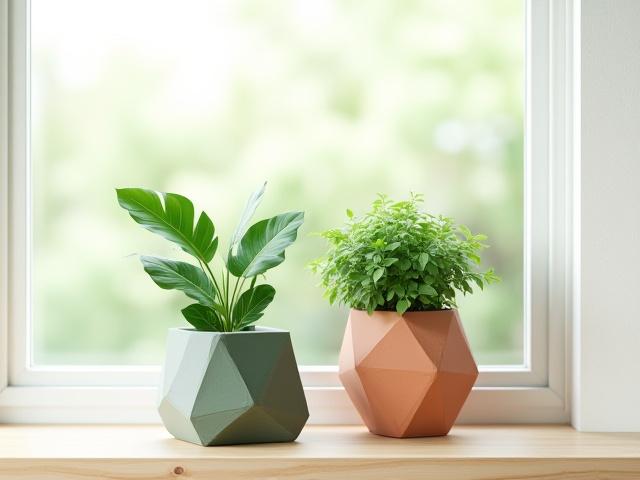 Set of modern indoor planters made from recycled materials, holding lush green plants.
