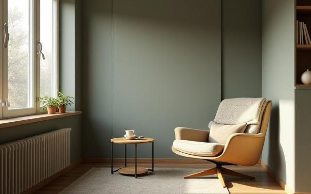 A quiet home office space with sound-absorbing panels and comfortable seating, promoting acoustic comfort.