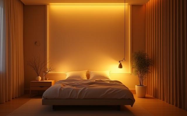 A bedroom bathed in soft, warm circadian lighting, creating a calm and inviting atmosphere.