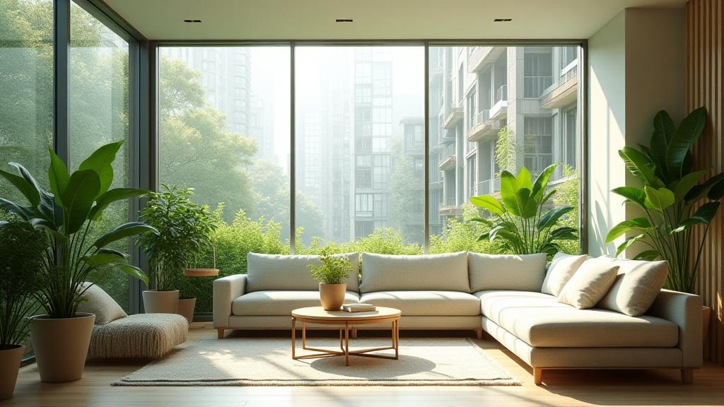 A bright, modern living room with large windows overlooking lush greenery, emphasizing natural light and biophilic design for enhanced well-being.